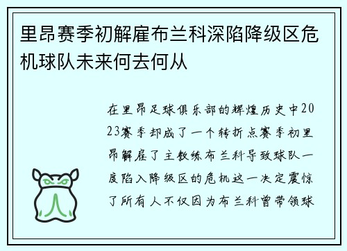 里昂赛季初解雇布兰科深陷降级区危机球队未来何去何从 里昂赛季初解雇布兰科深陷降级区危机球队未来何去何从
